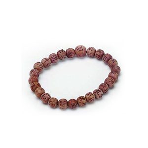 Wrist mala bracelet with Chinese characters on cedar beads.
