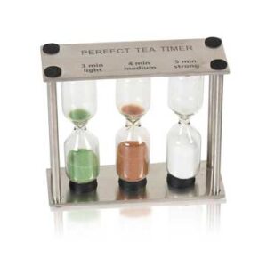 Tea timer with hourglass concept, three separate colored sand hourglasses (green, rust, white).