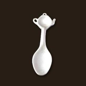 Small porcelain spoon with teapot at top of handle.