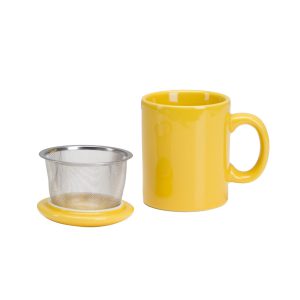 Yellow infuser mug with lid.